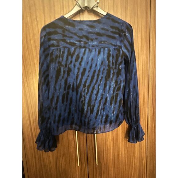 DKNY Blouse XS Blue Black Long Sleeve Sheer Top Ruffle Cuff Women’s Shirt - Picture 3 of 9